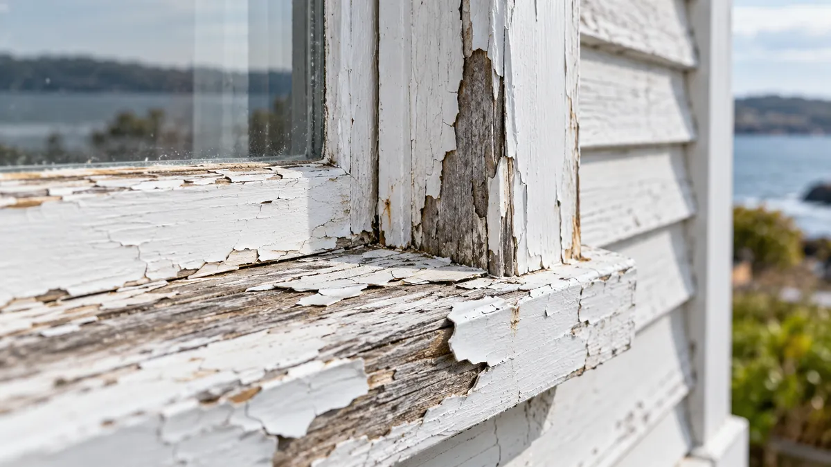 Peeling exterior timber window paint showing weather-related deterioration