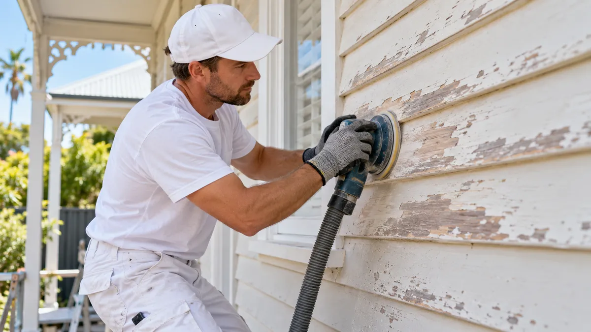 Professional painter sanding exterior timber weatherboards before repainting